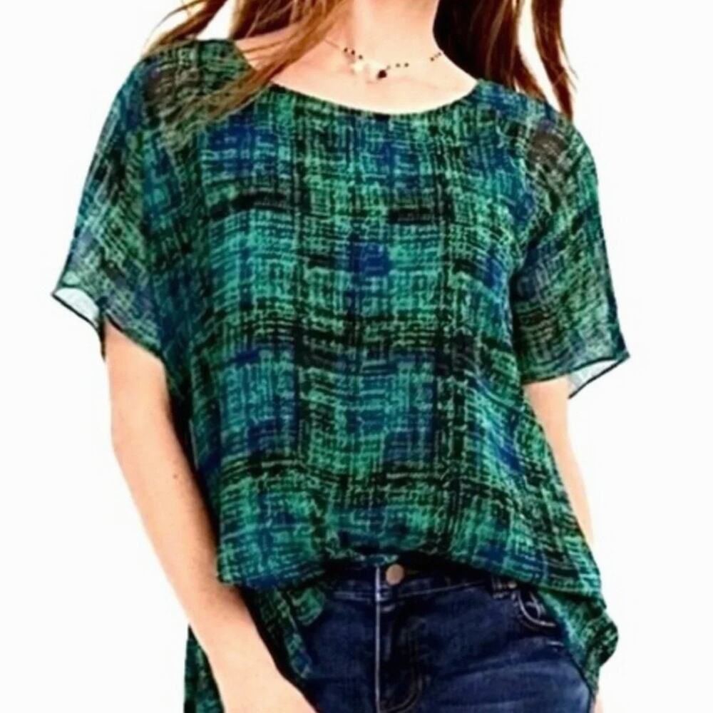 Cabi Top Womens Medium Green Blue Plaid Blouse Sheer Tank Liner attached